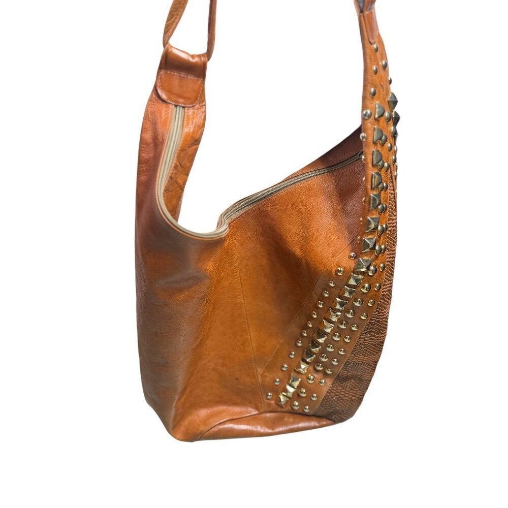 Nordstrom's Studded Tan Leather Shoulder Bag W/Gold Rivet Accents/Zipper-LT3296